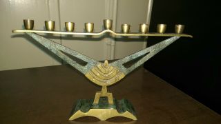 Vintage Green Brass Hanukkah Menorah Made In Israel