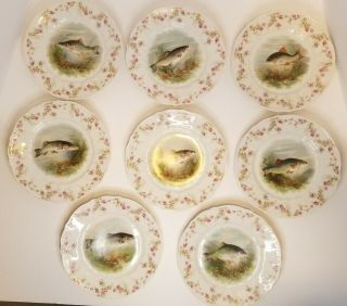 Antique Transferware Fish Plates Rose Carl Tielsch Ct Altwasser Germany Set Of 8