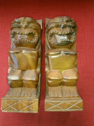 Vintage Hand Carved Tiki Bookends - 10 1/2 " X 4 "