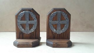 Vintage Wood Bookends W/ Metal Crosses,  Catholic Catholicism Religious Bookends
