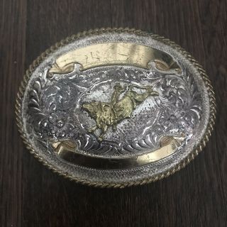 Vintage Montana Silversmith Nickel Silver Gold Belt Buckle Rodeo Bull Rider Xlrg
