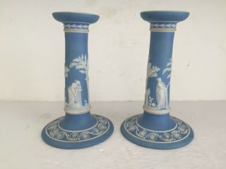 Pair Antique Blue Wedgwood Jasper Jasperware Tall Candlesticks Muses 19thc