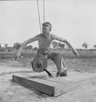 Vintage 1942 Photo Wwii Shirtless Marine Running Up Barrage Balloon Gay Int