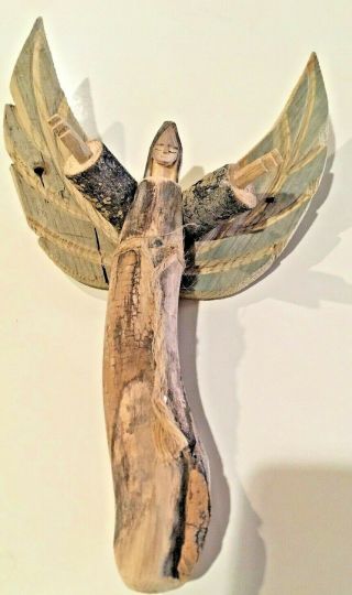 Vintage Hector Rascon Signed Angel Folk Art Wood Carving Santos