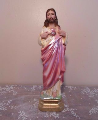 Antique Religious Altar Statue Sacred Heart Of Jesus Pearl Finish 1973 12 " Italy