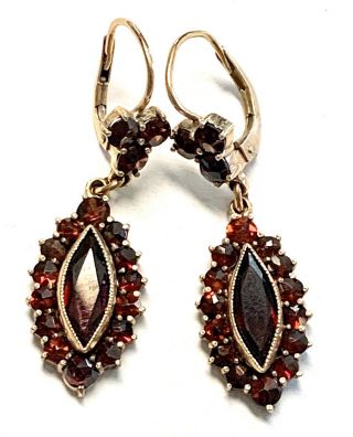 Vintage Solid 14k Gold Natural Marquise And Round Cut Garnet 30mm Earrings