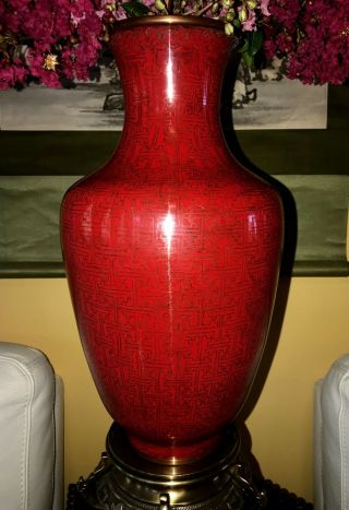 Rare Large Vintage Chinese Cloisonne ' Vase w/ Red color & ”万“ Character Pattern 3