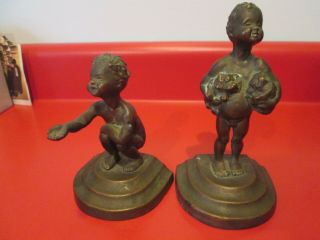 Antique Solid Bronze - Signed - Nude Children - Bookends - Old Untouched Patina