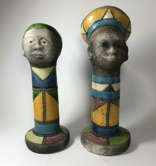 Rare Vintage Raku Pottery Handmade South Africa Colored Glaze 2 People Signed