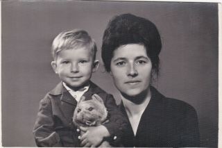 1960s Cute Little Boy W/ Mother Toy Cat Woman Family Old Russian Soviet Photo