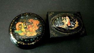 2 Palekh Russian Lacquer Hand Painted Boxes