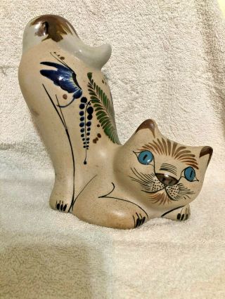 Tonala Mexican Pottery Figurine Sculptured And Hand Painted Kitty Cat.