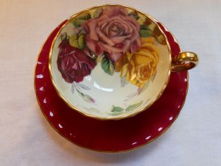 Rare Aynsley Deep Red Tea Cup & Saucer W Huge Cabbage Roses Heavy Gold C1677