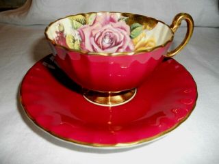 Rare AYNSLEY Deep Red TEA CUP & SAUCER w Huge CABBAGE ROSES Heavy Gold C1677 2