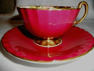 Rare AYNSLEY Deep Red TEA CUP & SAUCER w Huge CABBAGE ROSES Heavy Gold C1677 3