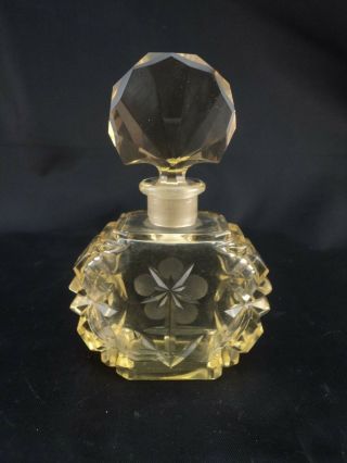 Vintage Art Deco Bohemian Czech Cut Glass Canary Yellow Perfume Bottle W Stopper