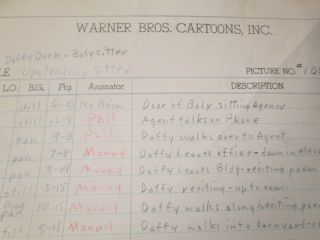 Vintage Warner Bros Cartoons Inc Director Lead Sheet Robert Mckimson Daffy Duck