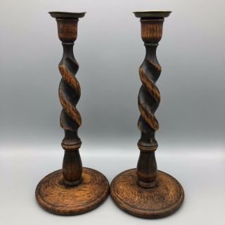Barley Twist Turned Wood Candlesticks 12 1/4 Inch Height With Wide Base
