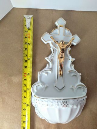 Antique Glazed Porcelain Bisque White Gilt Crucifix 1920s? Holy Water Font Wall