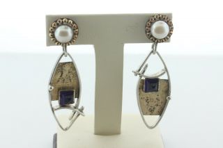 Vintage Sterling Silver 925 Modernist Pearl & Amethyst Brass Abstract Earrings