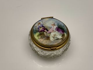 French Cut Glass Dresser Box With Scenic Porcelain Plaque & Mirror,  C 1900