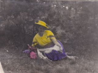 1950s Pretty Young Woman In Hat W/ Flowers Old Hand Tinted Russian Soviet Photo