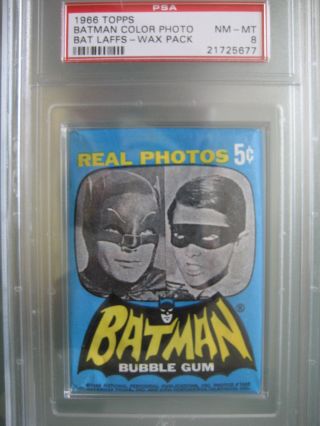 1966 Topps Batman Color Photo Bat Laffs Blue Wax Pack Psa 8 Nm - Mt