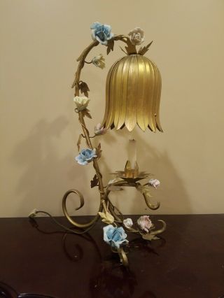 Vintage Antique Italian Metal Tole Lamp Tulip Porcelain Flower - Lilly Pad Style 2