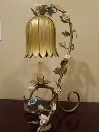 Vintage Antique Italian Metal Tole Lamp Tulip Porcelain Flower - Lilly Pad Style 3