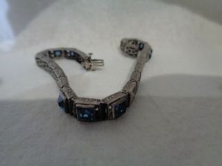 Antique Art Deco Sterling Silver Bracelet With Blue Rhinestones