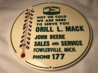 Vintage John Deere Advertising Thermometer,  Orill Mack,  Fowlerville,  Mich
