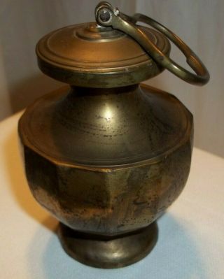 Vintage Brass Holy Water Pot Vessel W/ Finger Handle & Inner Cup Gangajal