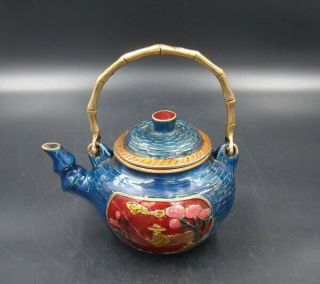 Handmade Carving Statue Brass Cloisonne Coloured Drawing Teapot Xuande Mark