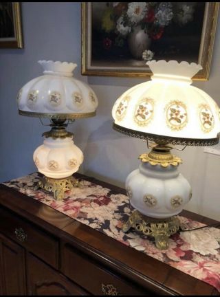 Vintage Gwtw Hurricane Lamp Set Hand Painted Floral Design