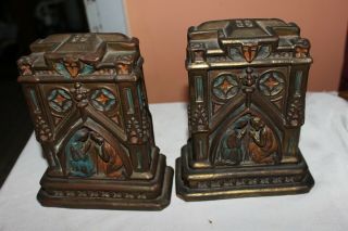 Antique Vintage Bronze Bookends Religious Hand Painted Mary & Joseph Church
