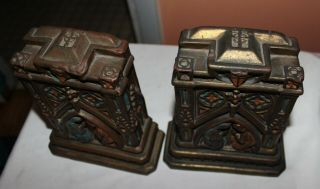 Antique Vintage Bronze Bookends Religious Hand Painted Mary & Joseph Church 2