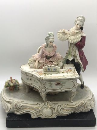 Vtg Irish Dresden Lace Porcelain Group Piano Lady & Magic Flute Man Figurine