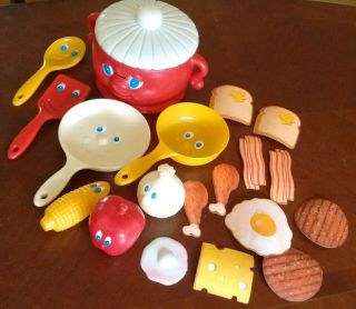 Vintage 1983 Meritus Industries Happy Face Play Food & Cookware Set W/utensils