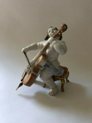 Antique Rosenthal Selb Porcelain Figurine Cherub Boy Signed 1805 Cello Musician