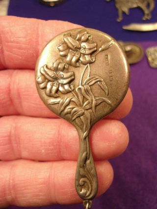 Rare Little Vtg Antique Art Nouveau Sterling Silver " Hand Mirror " (pendant Size)