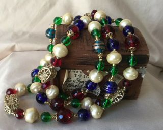 Vtg 80’s Blue Green Red Gripoix Glass Bead Pearl Filigree Crystal Necklace 104g