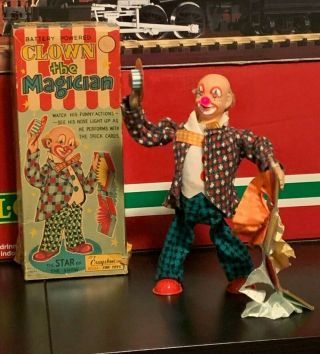 Vintage Alps Battery Operated Clown The Magician Tin Toy