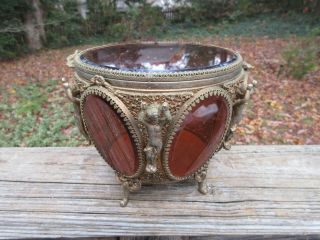 Antique Ornate French Ormolu Jewelry Casket Box Victorian Brass & Amber Glass