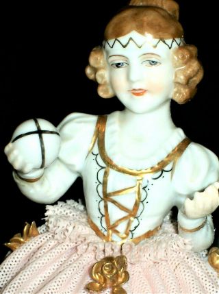 Antique German Dresden Lace Art Deco Girl Doll With A Ball Porcelain Figurine