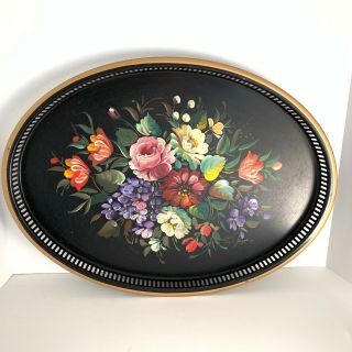 Vintage Large Oval Toleware Tray Hand Painted By Fred Austin Cottage Chic Shabby
