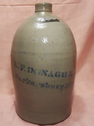 Antique Stoneware Salt Glazed One Gallon Whiskey Jug Parkersburg West Virginia