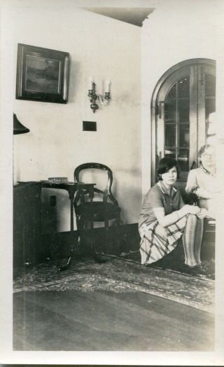 Pretty Young Woman In Striped Stockings Sitting On Stool Vtg B/w Photo Snapshot