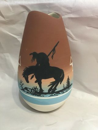 Native American Sioux Pottery Vase Horse Blue Brown Signed Little Thunder 8 "