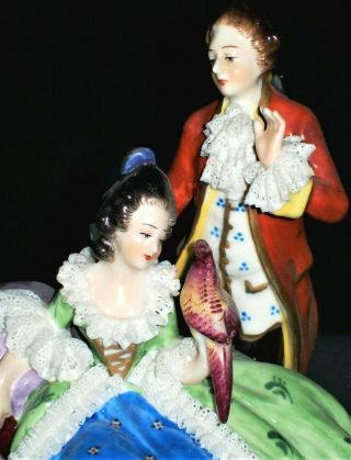 Antique German Dresden Lace Courting Couple In Love & Bird Porcelain Figurine