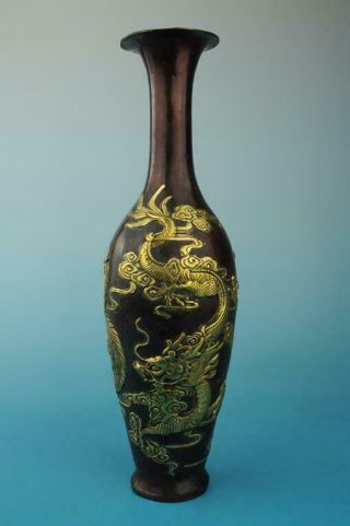 Antique China Hand Made Gilding Copper Dragon And Phoenix Vase Old Collect E01